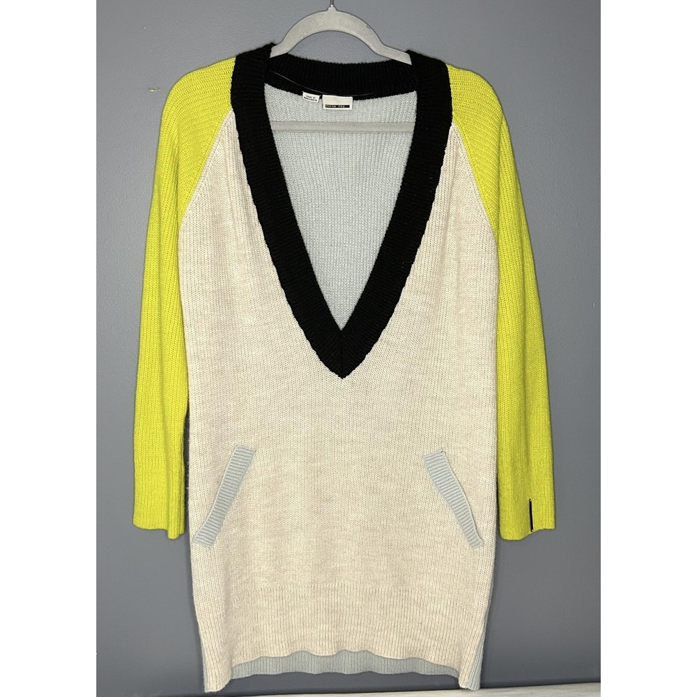 Noisy May Sweater Womens Medium Tunic Yellow Black Colorblock Deep V-Neck Jumper